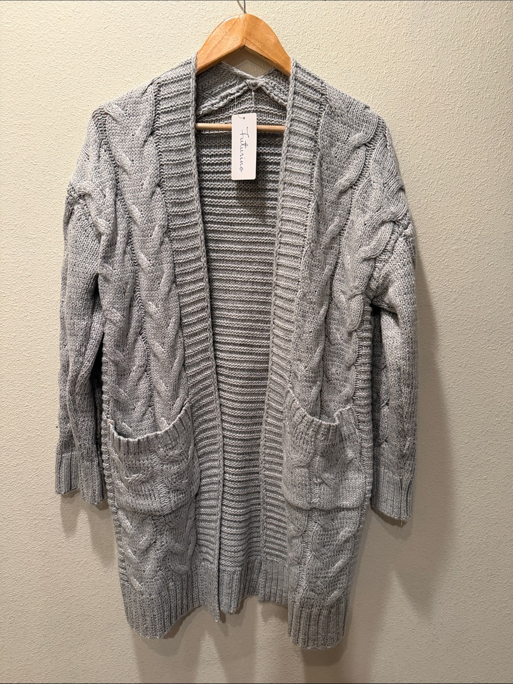 Light Gray Cable-Knit Open Front Cardigan with Pockets